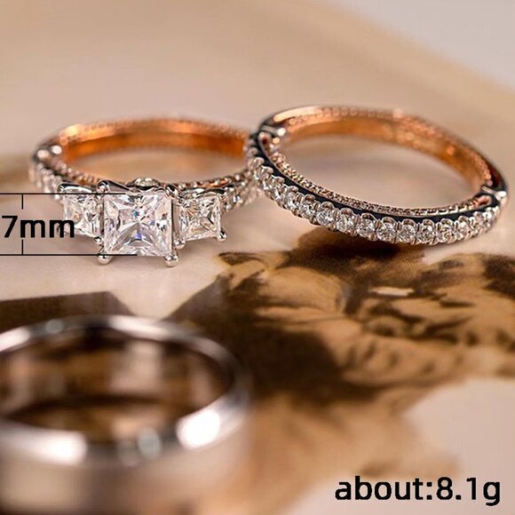 💎3Pcs/Set Sweet Three Princess Cut Zircon Square Rings for Women, PD582 - Picture 7 of 7